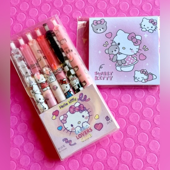 New Sanrio Hello Kitty 6-Pc Fine Tip Ballpoint Pen Set & Sticky Note Pad - Picture 2 of 6